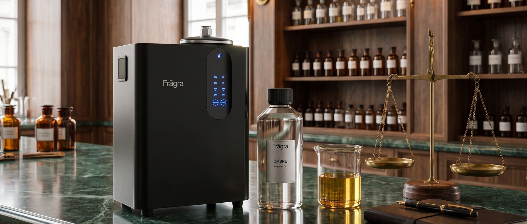 Fragra atelier with HVAC scent diffuser and fragrance oils